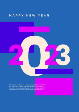 2023 Mutlu Yıllar posterinin yaratıcı konsepti. Kutlama ve sezon dekorasyonu için tipografi logosu 2023 olan şablonlar tasarlayın. Markalaşma, afiş, kapak, kart için minimal modacı