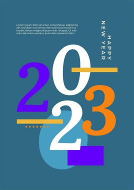 2023 Mutlu Yıllar posterinin yaratıcı konsepti. Kutlama ve sezon dekorasyonu için tipografi logosu 2023 olan şablonlar tasarlayın. Markalaşma, afiş, kapak, kart için minimal modacı