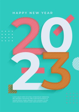 2023 Mutlu Yıllar posterinin yaratıcı konsepti. Kutlama ve sezon dekorasyonu için tipografi logosu 2023 olan şablonlar tasarlayın. Markalaşma, afiş, kapak, kart için minimal modacı