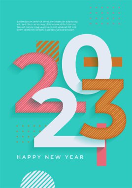 2023 Mutlu Yıllar posterinin yaratıcı konsepti. Kutlama ve sezon dekorasyonu için tipografi logosu 2023 olan şablonlar tasarlayın. Markalaşma, afiş, kapak, kart için minimal modacı