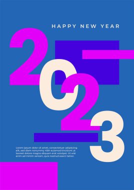 2023 Mutlu Yıllar posterinin yaratıcı konsepti. Kutlama ve sezon dekorasyonu için tipografi logosu 2023 olan şablonlar tasarlayın. Markalaşma, afiş, kapak, kart için minimal modacı