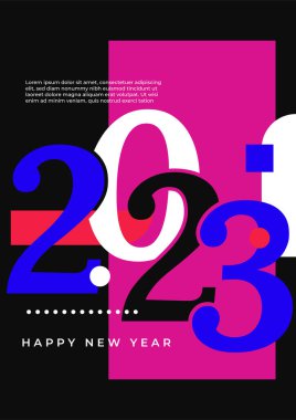 2023 Mutlu Yıllar posterinin yaratıcı konsepti. Kutlama ve sezon dekorasyonu için tipografi logosu 2023 olan şablonlar tasarlayın. Markalaşma, afiş, kapak, kart için minimal modacı