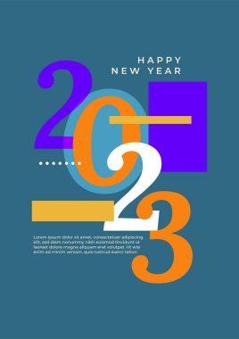 2023 Mutlu Yıllar posterinin yaratıcı konsepti. Kutlama ve sezon dekorasyonu için tipografi logosu 2023 olan şablonlar tasarlayın. Markalaşma, afiş, kapak, kart için minimal modacı
