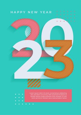 2023 Mutlu Yıllar posterinin yaratıcı konsepti. Kutlama ve sezon dekorasyonu için tipografi logosu 2023 olan şablonlar tasarlayın. Markalaşma, afiş, kapak, kart için minimal modacı
