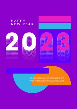 2023 Mutlu Yıllar posterinin yaratıcı konsepti. Kutlama ve sezon dekorasyonu için tipografi logosu 2023 olan şablonlar tasarlayın. Markalaşma, afiş, kapak, kart için minimal modacı