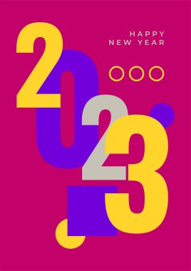 2023 Mutlu Yıllar posterinin yaratıcı konsepti. Kutlama ve sezon dekorasyonu için tipografi logosu 2023 olan şablonlar tasarlayın. Markalaşma, afiş, kapak, kart için minimal modacı