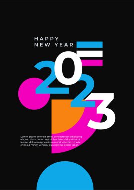2023 Mutlu Yıllar posterinin yaratıcı konsepti. Kutlama ve sezon dekorasyonu için tipografi logosu 2023 olan şablonlar tasarlayın. Markalaşma, afiş, kapak, kart için minimal modacı