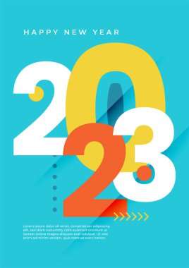 Renkli basit 2023 konsepti, Mutlu Yıllar afişi. Kutlama için tipografi logosu 2023 olan şablonlar, markalaşma, afiş, kapak, kart, sosyal medya, Vektör illüstrasyonu için moda şablonları