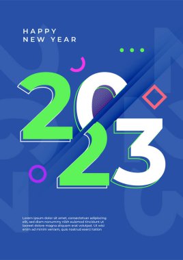 Renkli basit 2023 konsepti, Mutlu Yıllar afişi. Kutlama için tipografi logosu 2023 olan şablonlar, markalaşma, afiş, kapak, kart, sosyal medya, Vektör illüstrasyonu için moda şablonları
