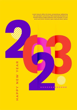 Renkli basit 2023 konsepti, Mutlu Yıllar afişi. Kutlama için tipografi logosu 2023 olan şablonlar, markalaşma, afiş, kapak, kart, sosyal medya, Vektör illüstrasyonu için moda şablonları