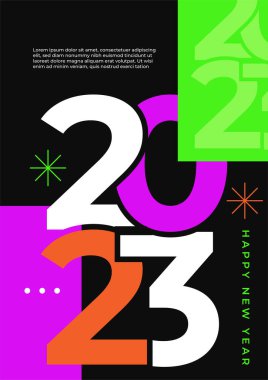 Renkli basit 2023 konsepti, Mutlu Yıllar afişi. Kutlama için tipografi logosu 2023 olan şablonlar, markalaşma, afiş, kapak, kart, sosyal medya, Vektör illüstrasyonu için moda şablonları