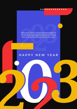 Renkli basit 2023 konsepti, Mutlu Yıllar afişi. Kutlama için tipografi logosu 2023 olan şablonlar, markalaşma, afiş, kapak, kart, sosyal medya, Vektör illüstrasyonu için moda şablonları