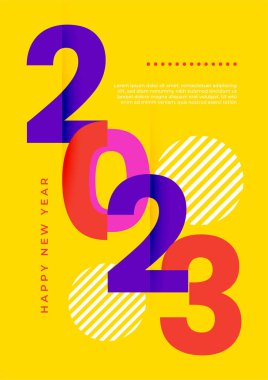 Renkli basit 2023 konsepti, Mutlu Yıllar afişi. Kutlama için tipografi logosu 2023 olan şablonlar, markalaşma, afiş, kapak, kart, sosyal medya, Vektör illüstrasyonu için moda şablonları