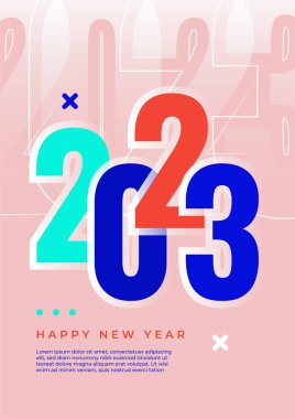 Renkli basit 2023 konsepti, Mutlu Yıllar afişi. Kutlama için tipografi logosu 2023 olan şablonlar, markalaşma, afiş, kapak, kart, sosyal medya, Vektör illüstrasyonu için moda şablonları