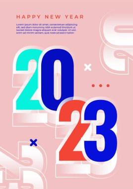 Renkli basit 2023 konsepti, Mutlu Yıllar afişi. Kutlama için tipografi logosu 2023 olan şablonlar, markalaşma, afiş, kapak, kart, sosyal medya, Vektör illüstrasyonu için moda şablonları