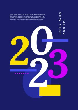 Renkli basit 2023 konsepti, Mutlu Yıllar afişi. Kutlama için tipografi logosu 2023 olan şablonlar, markalaşma, afiş, kapak, kart, sosyal medya, Vektör illüstrasyonu için moda şablonları