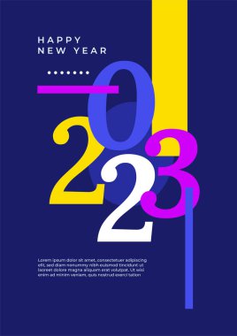 Renkli basit 2023 konsepti, Mutlu Yıllar afişi. Kutlama için tipografi logosu 2023 olan şablonlar, markalaşma, afiş, kapak, kart, sosyal medya, Vektör illüstrasyonu için moda şablonları