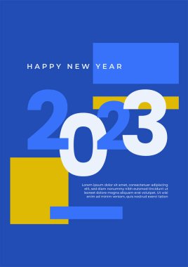 Renkli basit 2023 konsepti, Mutlu Yıllar afişi. Kutlama için tipografi logosu 2023 olan şablonlar, markalaşma, afiş, kapak, kart, sosyal medya, Vektör illüstrasyonu için moda şablonları
