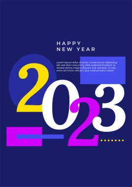 Renkli basit 2023 konsepti, Mutlu Yıllar afişi. Kutlama için tipografi logosu 2023 olan şablonlar, markalaşma, afiş, kapak, kart, sosyal medya, Vektör illüstrasyonu için moda şablonları