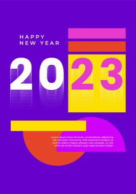 Renkli basit 2023 konsepti, Mutlu Yıllar afişi. Kutlama için tipografi logosu 2023 olan şablonlar, markalaşma, afiş, kapak, kart, sosyal medya, Vektör illüstrasyonu için moda şablonları