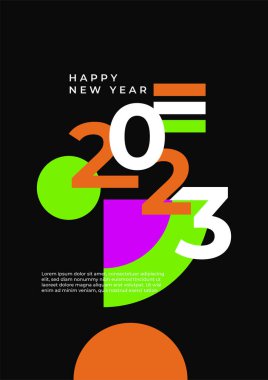 Renkli basit 2023 konsepti, Mutlu Yıllar afişi. Kutlama için tipografi logosu 2023 olan şablonlar, markalaşma, afiş, kapak, kart, sosyal medya, Vektör illüstrasyonu için moda şablonları