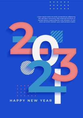 Renkli basit 2023 konsepti, Mutlu Yıllar afişi. Kutlama için tipografi logosu 2023 olan şablonlar, markalaşma, afiş, kapak, kart, sosyal medya, Vektör illüstrasyonu için moda şablonları