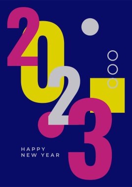 Renkli basit 2023 konsepti, Mutlu Yıllar afişi. Kutlama için tipografi logosu 2023 olan şablonlar, markalaşma, afiş, kapak, kart, sosyal medya, Vektör illüstrasyonu için moda şablonları