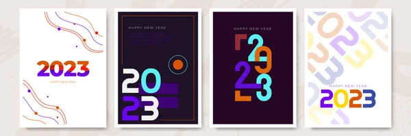 大套2023新年快乐标志文字设计 2023数字设计模板 收集2023年快乐新年的象征 有彩色背景的矢量插图 — 图库矢量图片