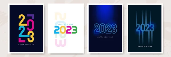 新年快乐2023 矢量假日插图2023手写体标志文字设计 闪烁着五彩斑斓的彩霞和闪亮的金色星空背景 — 图库矢量图片