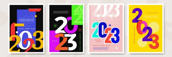 Happy New Year 2023 Posters Collectie Platte Stijl Wenskaart Sjabloon — Stockvector