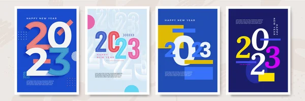 stock vector Happy New Year 2023 posters collection in flat style. Greeting card template with colourful graphics and typography. Creative concept for banner, flyer, cover, social media. Vector illustration.