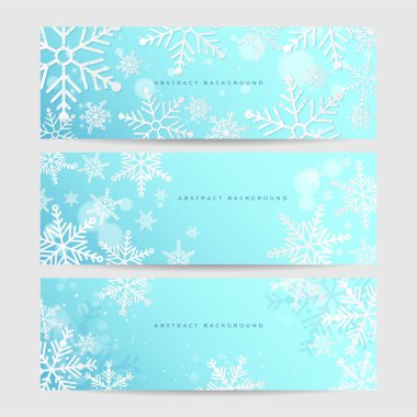 Kar ve kar taneli Noel mavisi arka plan. Kar tanesi sınır vektörü resimli Noel kartı