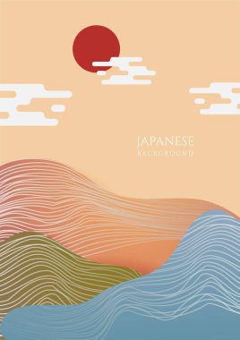 Asya arka planı, doğulu Japon tarzı soyut model arkaplan dizaynı, dağ ve güneş desenli, su rengi desenli.