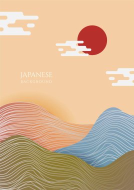 Asya arka planı, doğulu Japon tarzı soyut model arkaplan dizaynı, dağ ve güneş desenli, su rengi desenli.