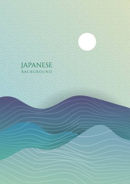 Asya arka planı, doğulu Japon tarzı soyut model arkaplan dizaynı, dağ ve güneş desenli, su rengi desenli.