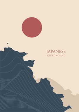 Asya arka planı, doğulu Japon tarzı soyut model arkaplan dizaynı, dağ ve güneş desenli, su rengi desenli.