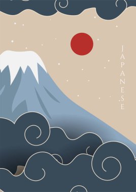 Asya arka planı, doğulu Japon tarzı soyut model arkaplan dizaynı, dağ ve güneş desenli, su rengi desenli.