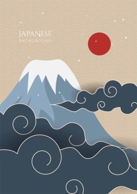 Asya arka planı, doğulu Japon tarzı soyut model arkaplan dizaynı, dağ ve güneş desenli, su rengi desenli.