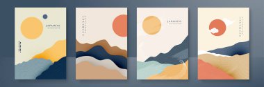Japon arka planı ve çizgi dalga modeli vektörü. Geometrik desenli soyut şablon. Doğu tarzında dağ yerleşimi tasarımı.