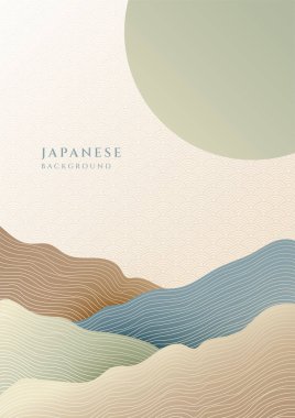 Japon poster arka planında çizgi dalga deseni vektörü ve güneş var. Geometrik desenli soyut şablon. Doğu tarzında dağ yerleşimi tasarımı.