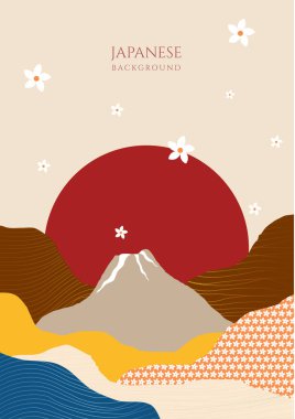 Japon tarzı poster tasarım şablonunda minimalis unsuru. vektör soyut Japon tarzı manzaralar siyah ve altın renkli dalgalar halinde dizilmiştir.