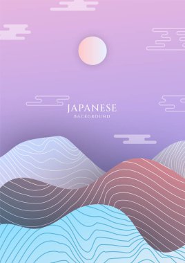 Asyalı Japon Çin renklerinde dağlarla ve tepelerle minimalist manzara sanatı. Dekor, baskı, duvar kağıdı ve poster için suluboya desenli doğu tarzı soyut afiş