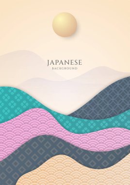 Asyalı Japon Çin renklerinde dağlarla ve tepelerle minimalist manzara sanatı. Dekor, baskı, duvar kağıdı ve poster için suluboya desenli doğu tarzı soyut afiş