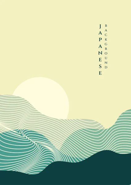 Японський Плакат Фону Вектором Лінійної Хвилі Сонцем Абстрактний Шаблон Геометричним — стоковий вектор