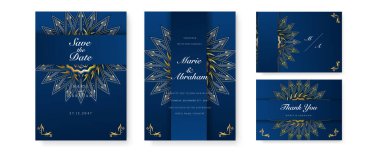 Altın mandala ve soyut desenli Kraliyet mavi düğün davetiyesi tasarımı