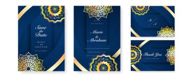 Altın mandala ve soyut desenli Kraliyet mavi düğün davetiyesi tasarımı