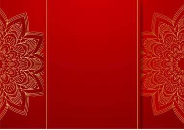 Altın ve kırmızı süslemeli mandala arka planı. Lüks mandala arka planında altın arabesk desenli Arap islami doğu tarzı. Baskı, poster, kapak, broşür, broşür, afiş için dekoratif mandala.