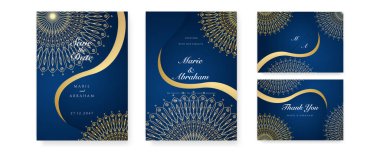 Altın mandala ve soyut desenli Kraliyet mavi düğün davetiyesi tasarımı
