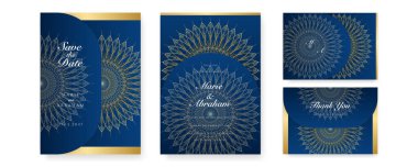 Altın mandala ve soyut desenli Kraliyet mavi düğün davetiyesi tasarımı