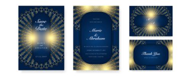Altın mandala ve soyut desenli Kraliyet mavi düğün davetiyesi tasarımı